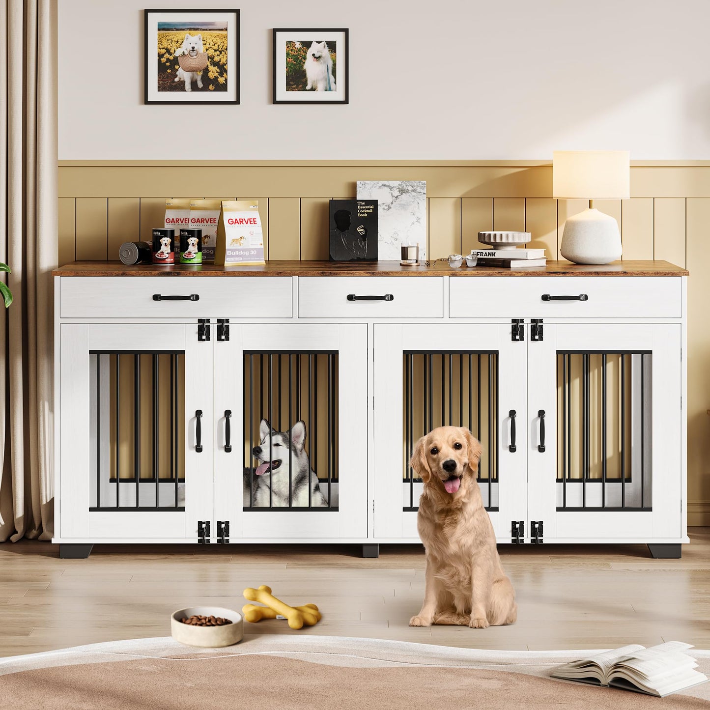 Garvee 71" Dog Crate Furniture for 2 Dogs, Heavy Duty Indoor Dog Kennel TV Stand, XL Wooden Dog Cage with Divider for Medium Large Dogs, End Table Dog Crate