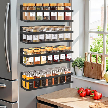 SMRCAD Magnetic Spice Rack for Refrigerator, 4pack Magnetic Shelf for Fridge Space Saving Seasoning Organizer for Any Metal Surface No Drilling Needed (BLACK -cut out, 4pack)