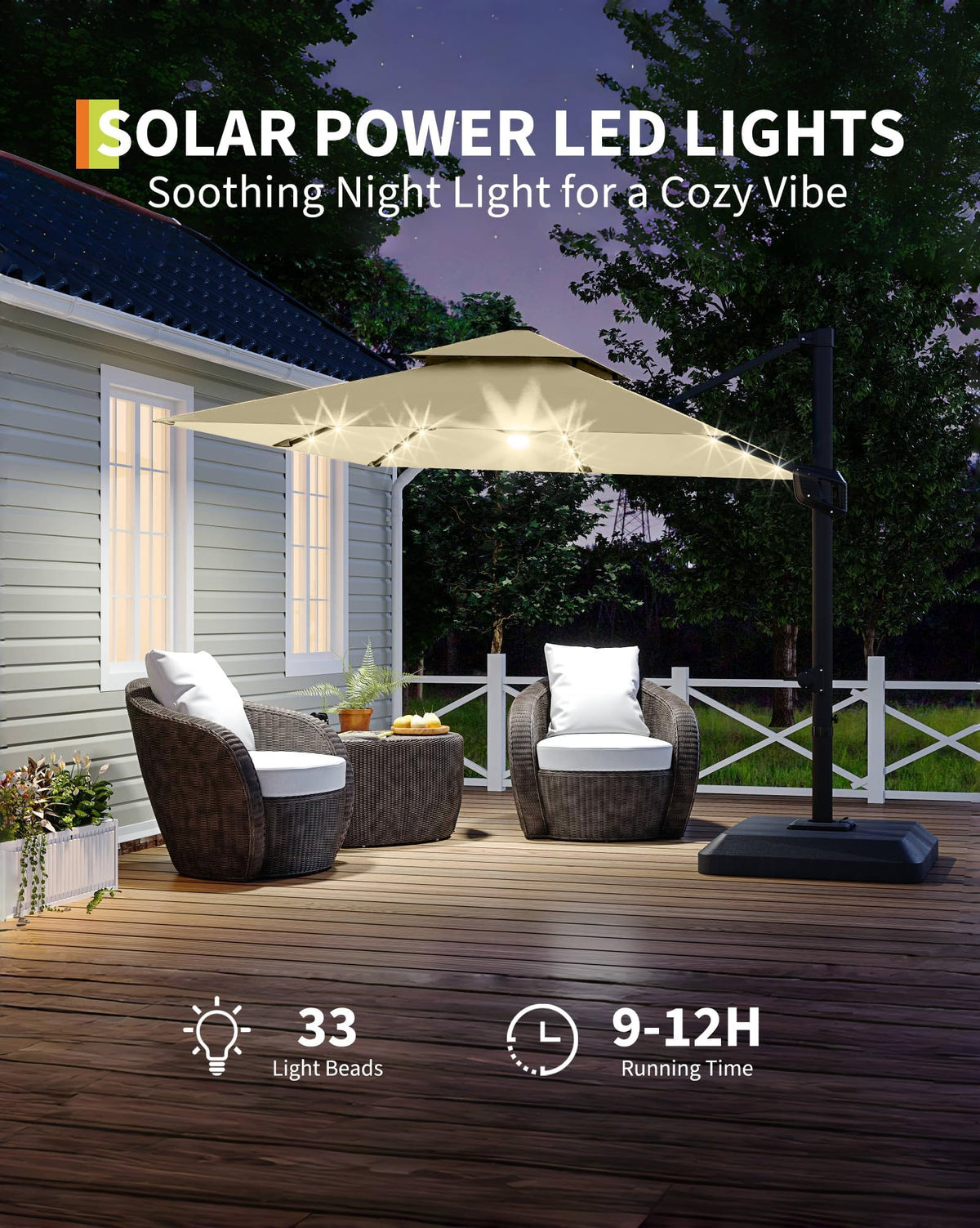 ActiveTrail 10ft Cantilever Patio Umbrella with Solar Lights & Base Included, 360° Rotation, Easy Crank Tilt, UV50+ Outdoor Umbrella—LED Lighting, Wind Vent, Offset Shade for Deck, Pool, or Backyard