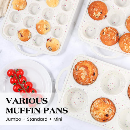 AOTASO Regular 12 Cup and Mini 24 Cup Nonstick Cupcake Pan Set Silicone Muffin Pan for Baking Silicone Cupcake Mold with Metal Reinforced Frame BPA Free (2 Pcs, Cream)