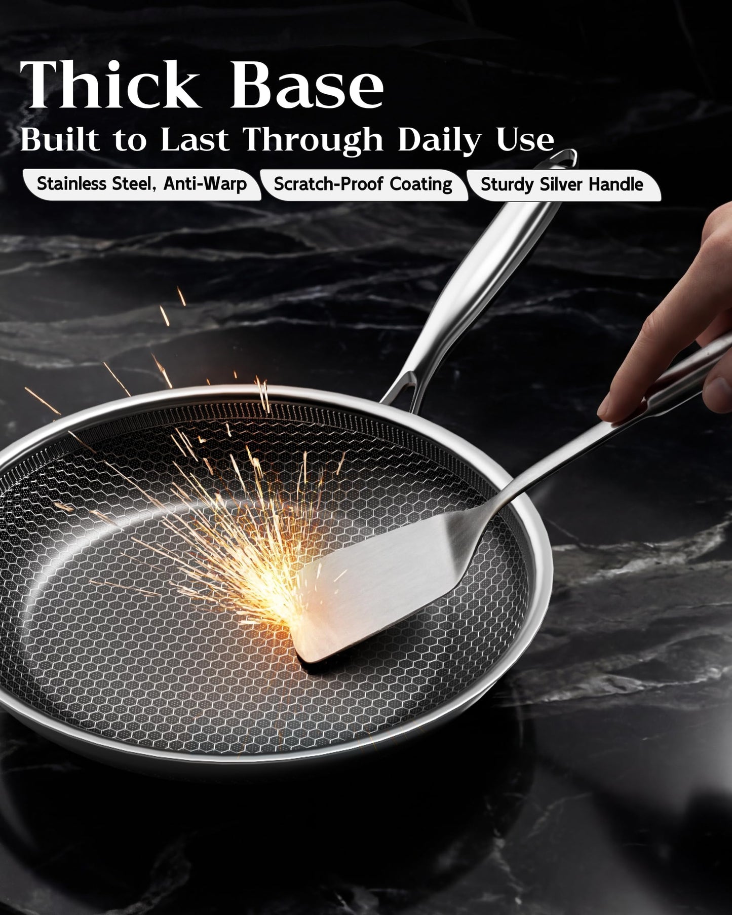 XBM Nonstick Frying Pan Set, 8+10+12 Inch, Honeycomb Stainless Steel Skillet Pans Set, PFOA-Free Scratch-Proof, Dishwasher & Oven Safe, Compatible with All Cooktops