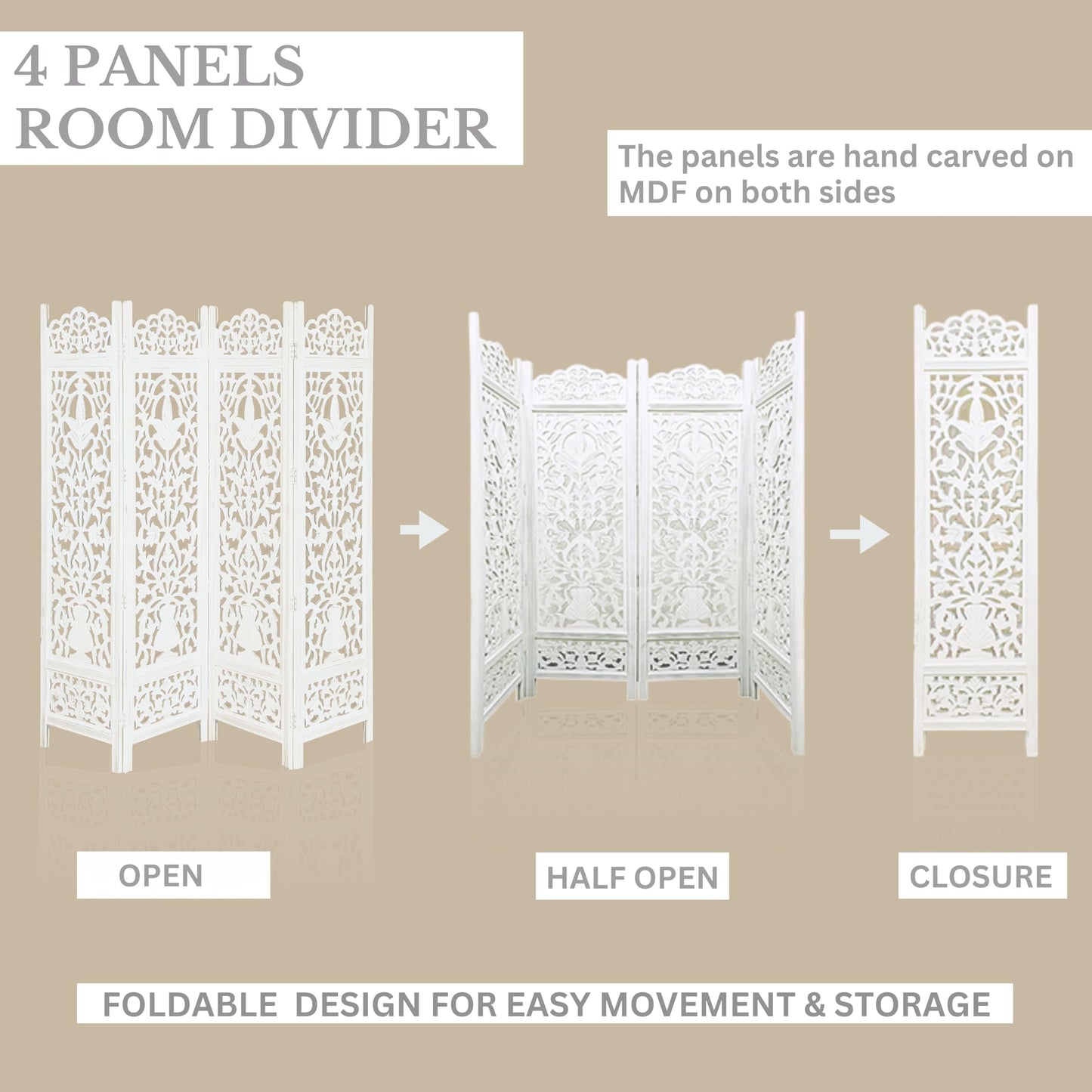 Lightnpro 4-Panel Wooden Room Divider 72"×72" - Hand-Carved Floral Folding Privacy Screen | Pre-Assembled Large Decorative Partition for Living Room, Bedroom, Office & Boho Home Décor - Antique White