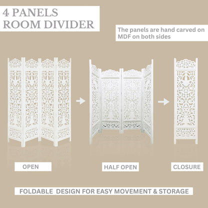 Lightnpro 4-Panel Wooden Room Divider 72"×72" - Hand-Carved Floral Folding Privacy Screen | Pre-Assembled Large Decorative Partition for Living Room, Bedroom, Office & Boho Home Décor - Antique White