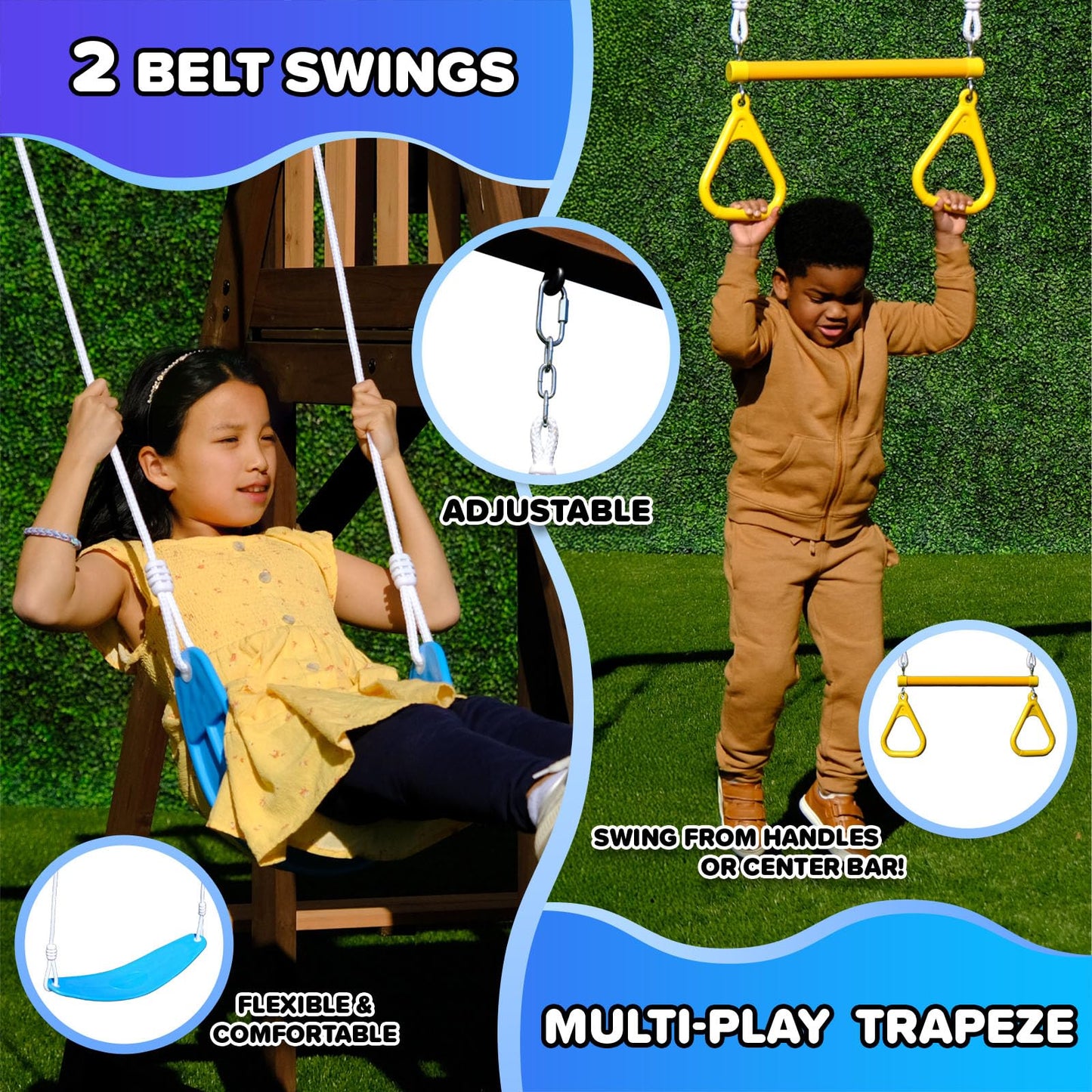 Sportspower Rosemont Cedar Wooden Swing Set with 8' Slide, 2 Adjustable Swings, Trapeze, Play Fort with Rock Climber, Sandbox, Picnic Table, Chalk Tarp & Anchor Kit, Outdoor Playset for Kids Ages 3–8