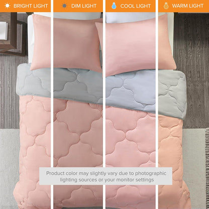 Comfort Spaces Vixie Reversible Comforter Set, Twin/Twin XL 2 Piece, Coral/Gray, Trendy Geometric Quilted Cover