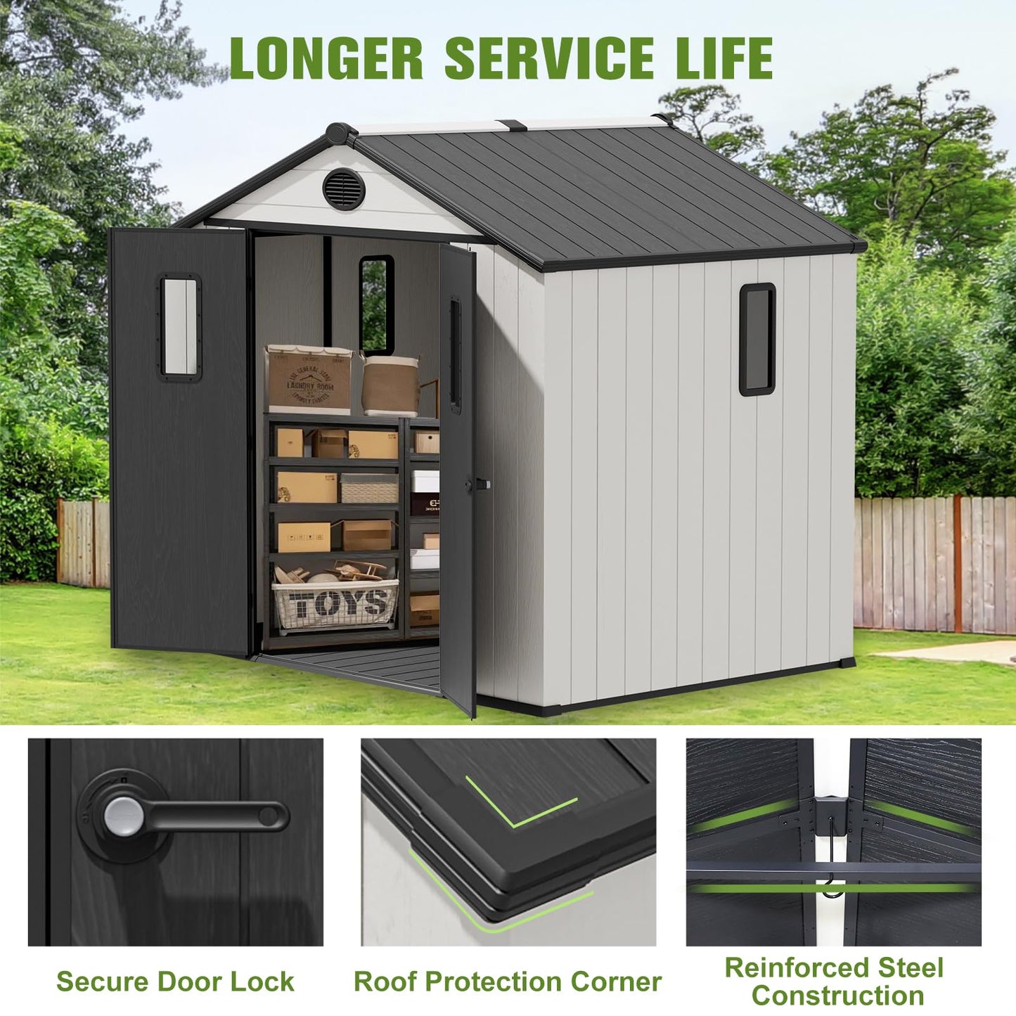 COOS BAY 8x6 Outdoor Storage Shed with Floor, Lockable Doors, All-Weather Resin Garden Tool Shed, White/Gray