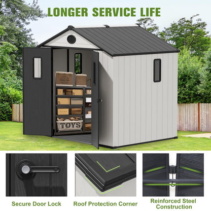 COOS BAY 8x6 Outdoor Storage Shed with Floor, Lockable Doors, All-Weather Resin Garden Tool Shed, White/Gray