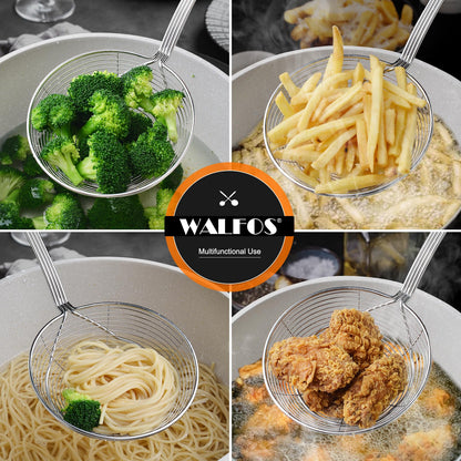 Walfos Spider Strainer, Set of 2-5.5 Inch Stainless Steel Fryer Scoop & 4 inch Fat Skimmer Spoon, Kitchen Spider Skimmer Strainer With Handle, For Cooking Deep Fryer, Pasta, Egg,Fat
