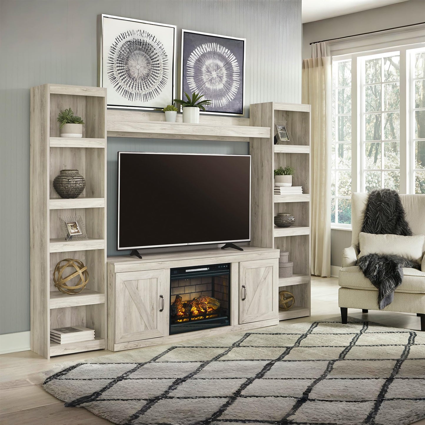 Signature Design by Ashley Bellaby Farmhouse 4-Piece Entertainment Center for TVs up to 69" with Electric Fireplace, Whitewash