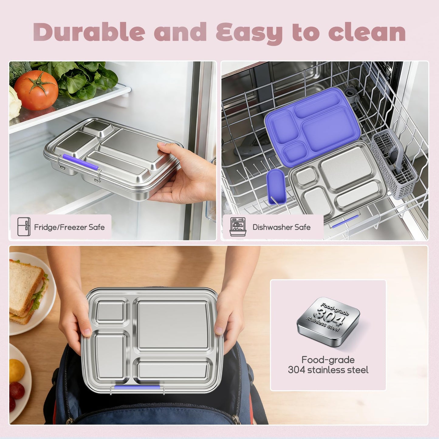 Eoika Stainless Steel Bento Box for Kids, Kids Lunch Box with 4-Compartment, Metal Lunch Box with Silicone Container & Sauce Cup, Durable Lunch Box Containers for School and Office(Purple)