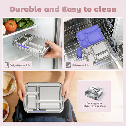 Eoika Stainless Steel Bento Box for Kids, Kids Lunch Box with 4-Compartment, Metal Lunch Box with Silicone Container & Sauce Cup, Durable Lunch Box Containers for School and Office(Purple)