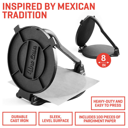 Uno Casa Tortilla Master Kit - Tortilla Press 8 Inch with 10.5 IN Comal Pan, 4 Taco Holders, and Tortilla Warmer - Complete Taco Tuesday Kit, Rotis, and Quesadillas - Unique Gift for Friends or Family