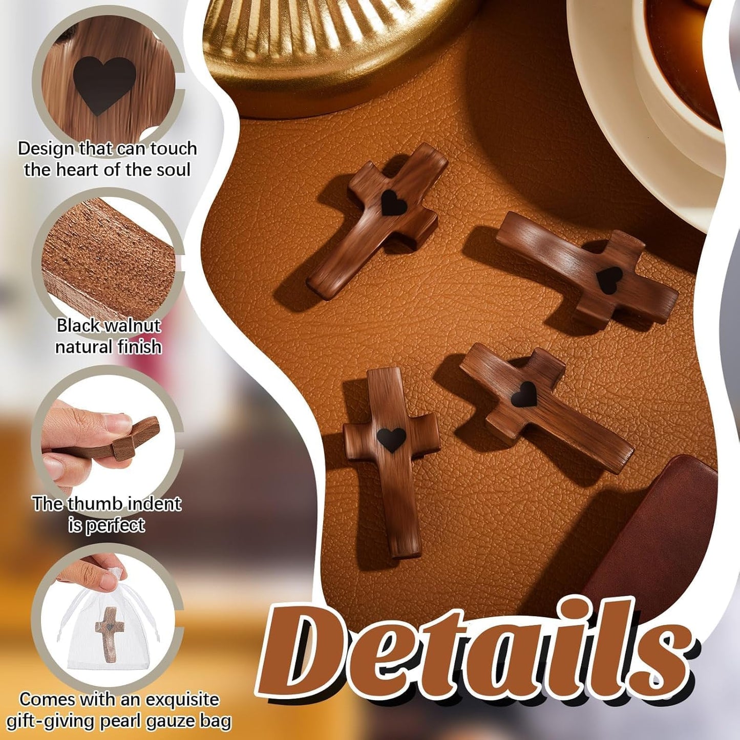 2 Brevynx Pcs Pocket Wooden Cross Fidget - Cross My Heart with Organza Bags - Stress Relief Fidget for Christian