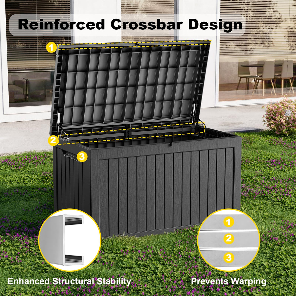 PatioZen 280 Gallon Large Deck Box,Resin Outdoor Storage Box with Lockable for Patio Furniture, Garden Tools Waterproof Outside Storage Box, Black