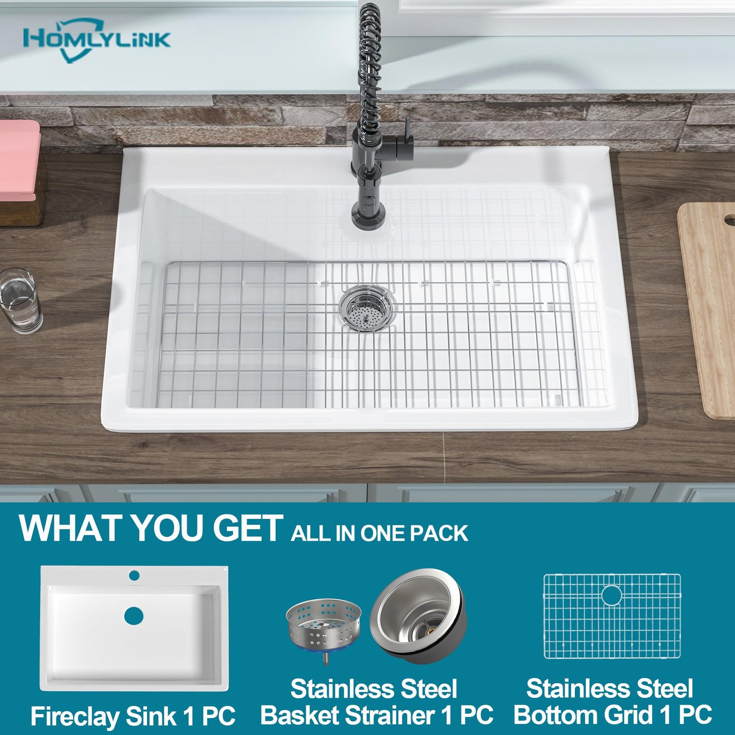 HOMLYLINK 33x22 Drop In Kitchen Sink White 1 Hole, 33 Inch Topmount Fireclay Sink Drop In Single Bowl, Heavy Duty Large Capacity Deep Basin, w 2 Custom Accessories, Pure White, for Kitchen