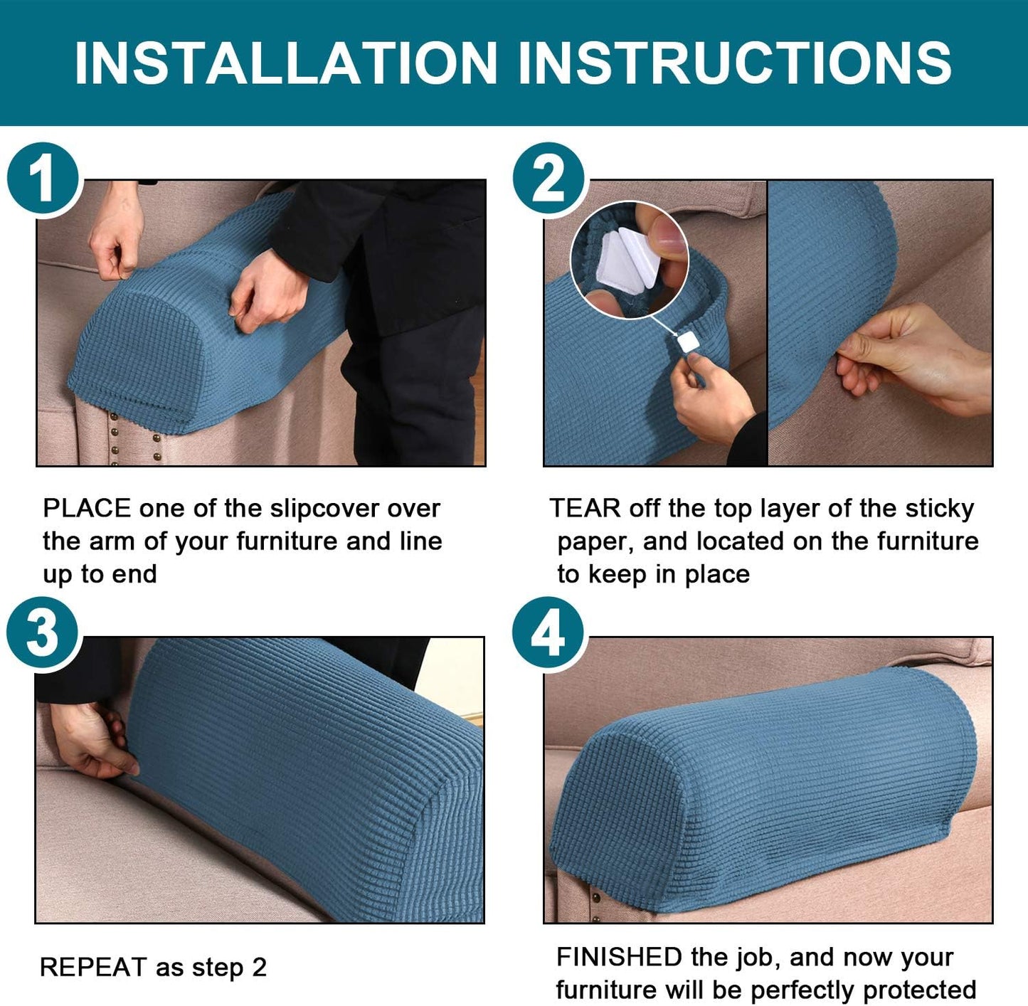 Turquoize Stretch Armrest Covers for Chairs, Anti-Slip Furniture Protector Set of 2, Dusty Blue