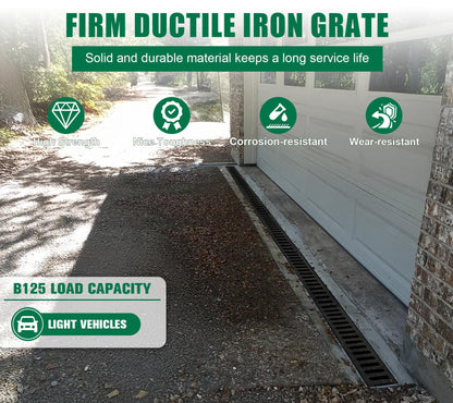 Natotela B Class Driveway Channel Drain with Ductile Iron Grate-39.4Lx6.1Wx5.5H in. Deep Profile Trench Drain System,3 Pack Total Length 118.2in,Heavy Duty Drainage System for Garage,Parking Lot