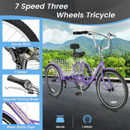 Slsy Adult Tricycle 7 Speed, 20/24/26 Inch Step-Through 3 Wheel Bike for Adults with Large Shopping Basket, 350 lb Capacity Adult Trike for Seniors, Women and Men