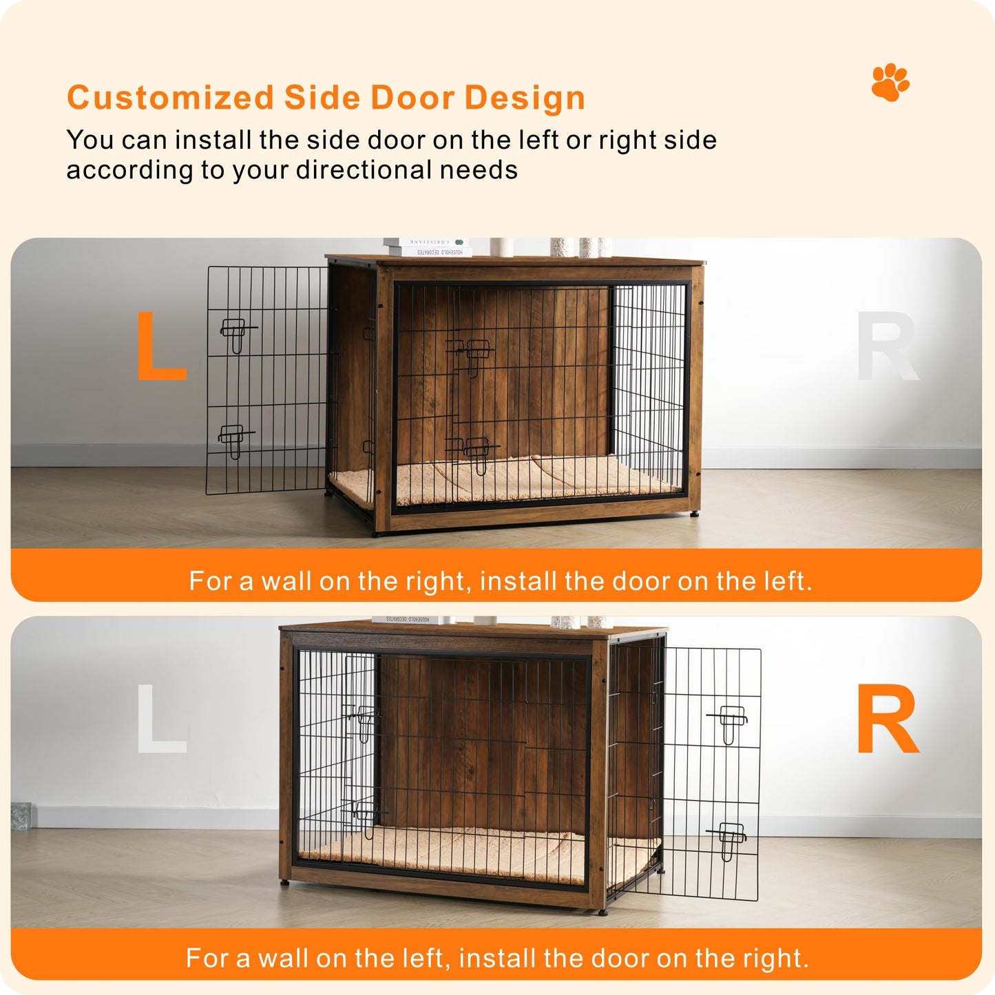 DWANTON Dog Crate Furniture with Cushion, Wooden Kennel Table with Double Doors, Indoor Dog House, Extra Large, 43.3" L, Warm Brown