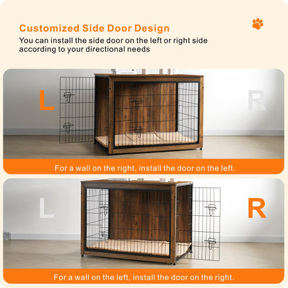 DWANTON Dog Crate Furniture with Cushion, Wooden Kennel Table with Double Doors, Indoor Dog House, Extra Large, 43.3" L, Warm Brown