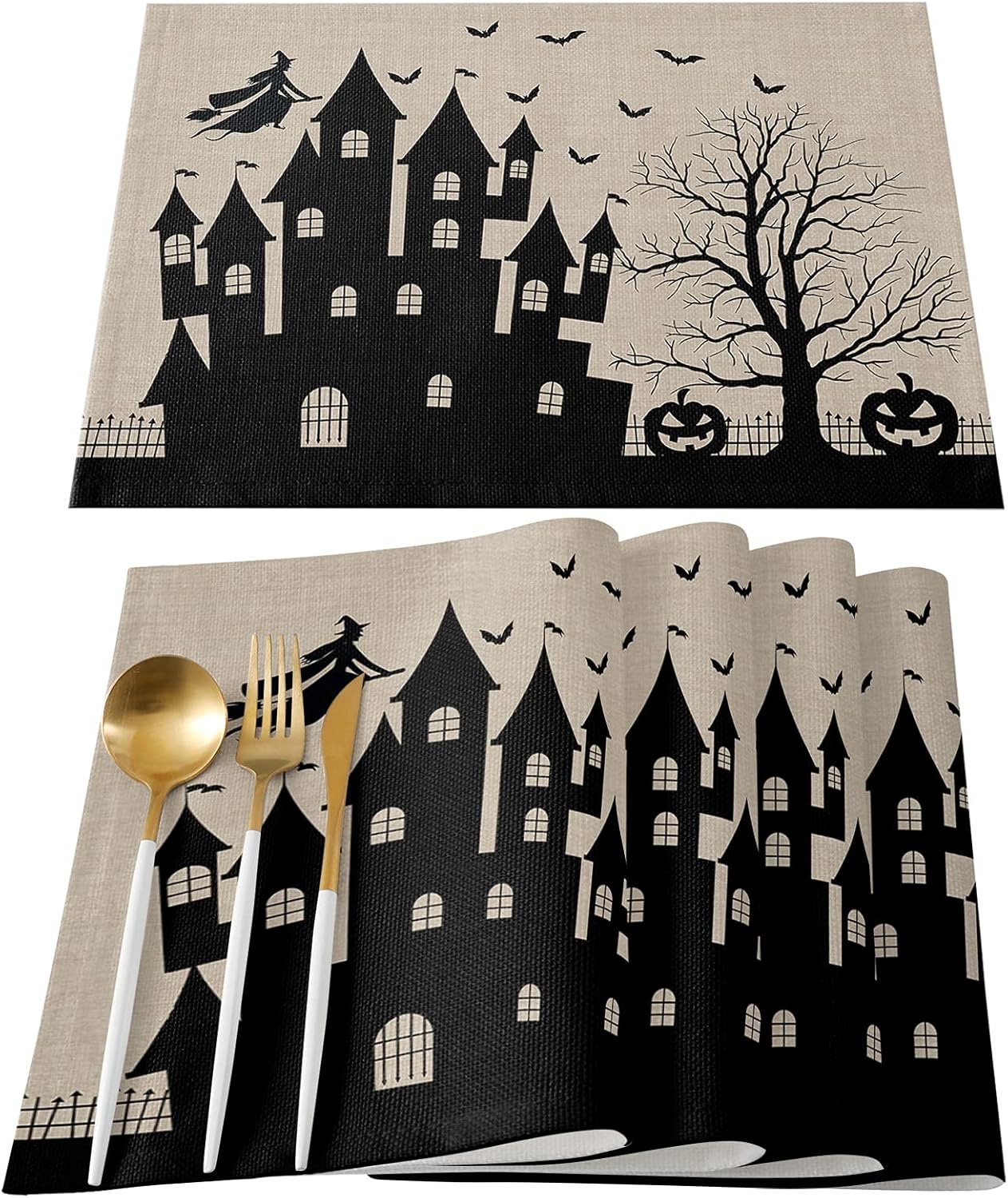 Halloween Placemats Set of 4, Cotton Linen Place Mats with Castle Witch, Pumpkin Lamp, Bat for Dinner Party