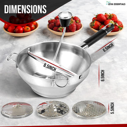 Premium Stainless Steel Food Mill - Effortless Pureeing, Straining & Milling for Soups, Sauces, Baby Food, and More – Includes 3 Interchangeable Discs – Durable & Easy-to-Clean Design