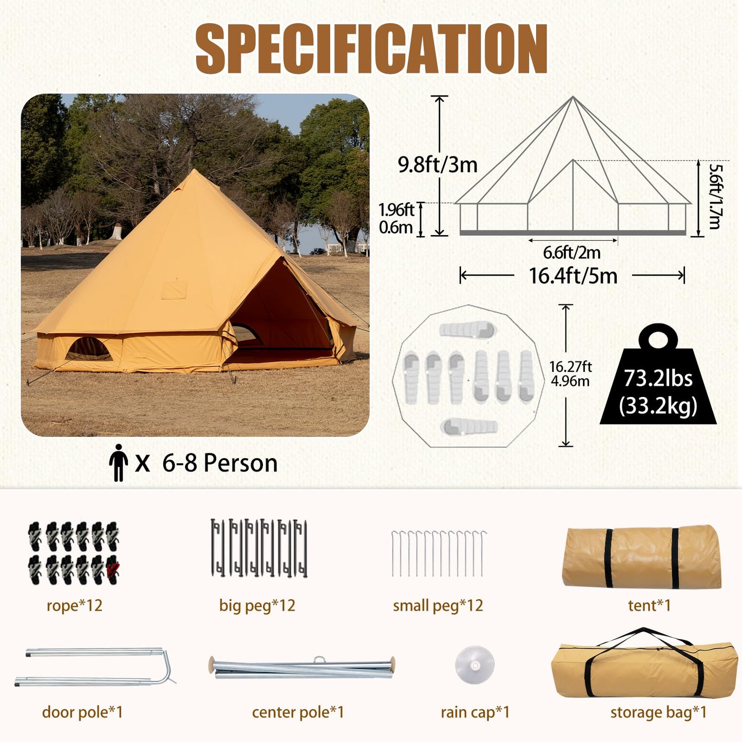 WaldZimmer Canvas Bell Tent Ginger 16.4ft with Stove Jack and Zipped Removable Floor, Luxury Outdoor Glamping Yurt Cotton Tent for Family Truck Car Camping Hunting Party