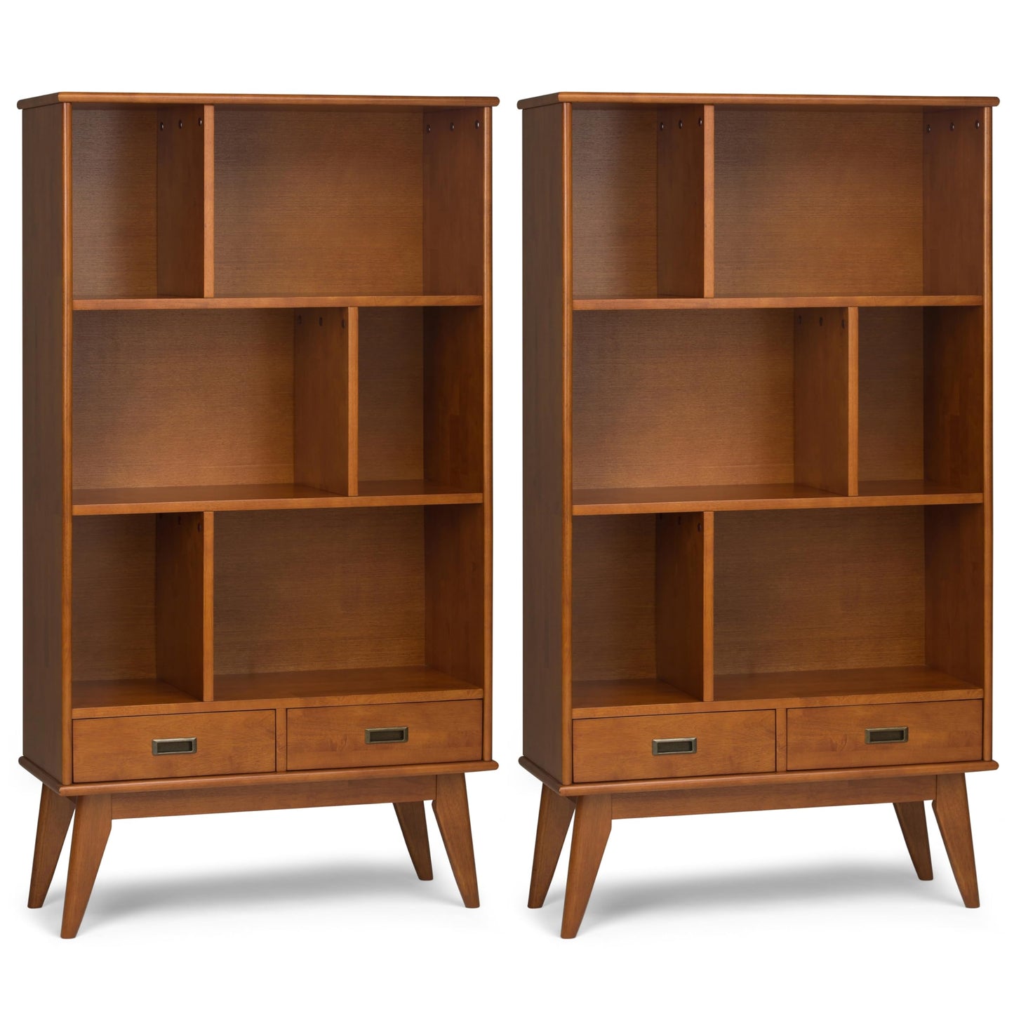 SIMPLIHOME Draper 35 inch Mid-Century Modern 6 Cubbie Bookcase with Drawer (Set of 2) in Teak Brown for the Living Room, Study Room and Office