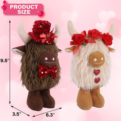 YOFIT 2 Pack Valentines Decorations for Home- Highland Cow Plush with Rose& Heart, Cute Valentine Day Desk & Shelf Display, Romantic Indoor Decor, Valentines Gift for Her/Him