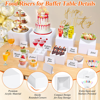 10 Pcs White Acrylic Buffet Risers with Mini Sign and Marker, Food Display Stands for Buffet Table Party Catering Dessert Jewelry Collectibles, Acrylic Cube Nesting Boxes with Hollow Bottoms 8 Sizes (10" 9" 8" 7" 6" 5" 4" 4" 3" 3")