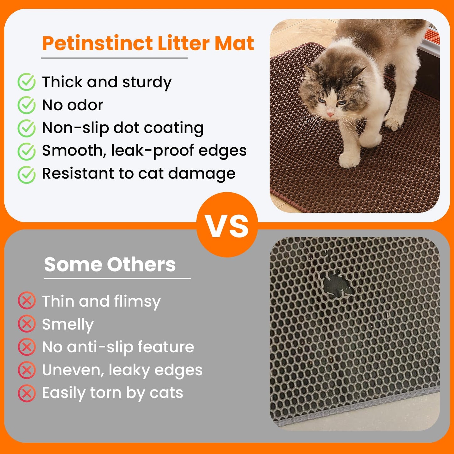 Petinstinct Jumbo Cat Litter Mat, 46x26 Inches Double Layer Honeycomb Litter Trapping Mat, Non Slip Waterproof Urine Proof Extra Large Cat Litter Box Mat, Kitten Supplies and Essentials, XXL, Brown