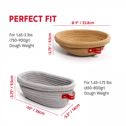 KneadAce Cotton Rope Banneton Bread Proofing Basket Set, Oval & Round Bread Baskets with Liners & Covers for Artisan Bread Baking, Sourdough Bread Baking Supplies