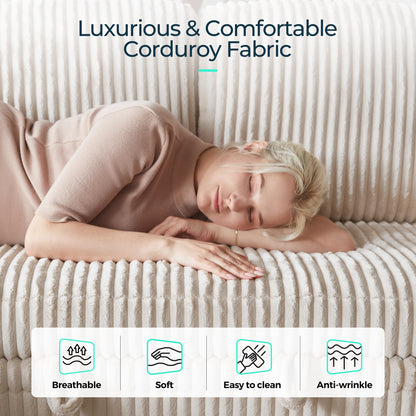LINSY HOME Sectional Sleeper Sofa with Pull Out Couch Bed - Convertible Plush Corduroy Cloud Couch with Storage Chaise & USB Charging, Comfy L Shaped Modular Couches for Living Room Apartment, Beige