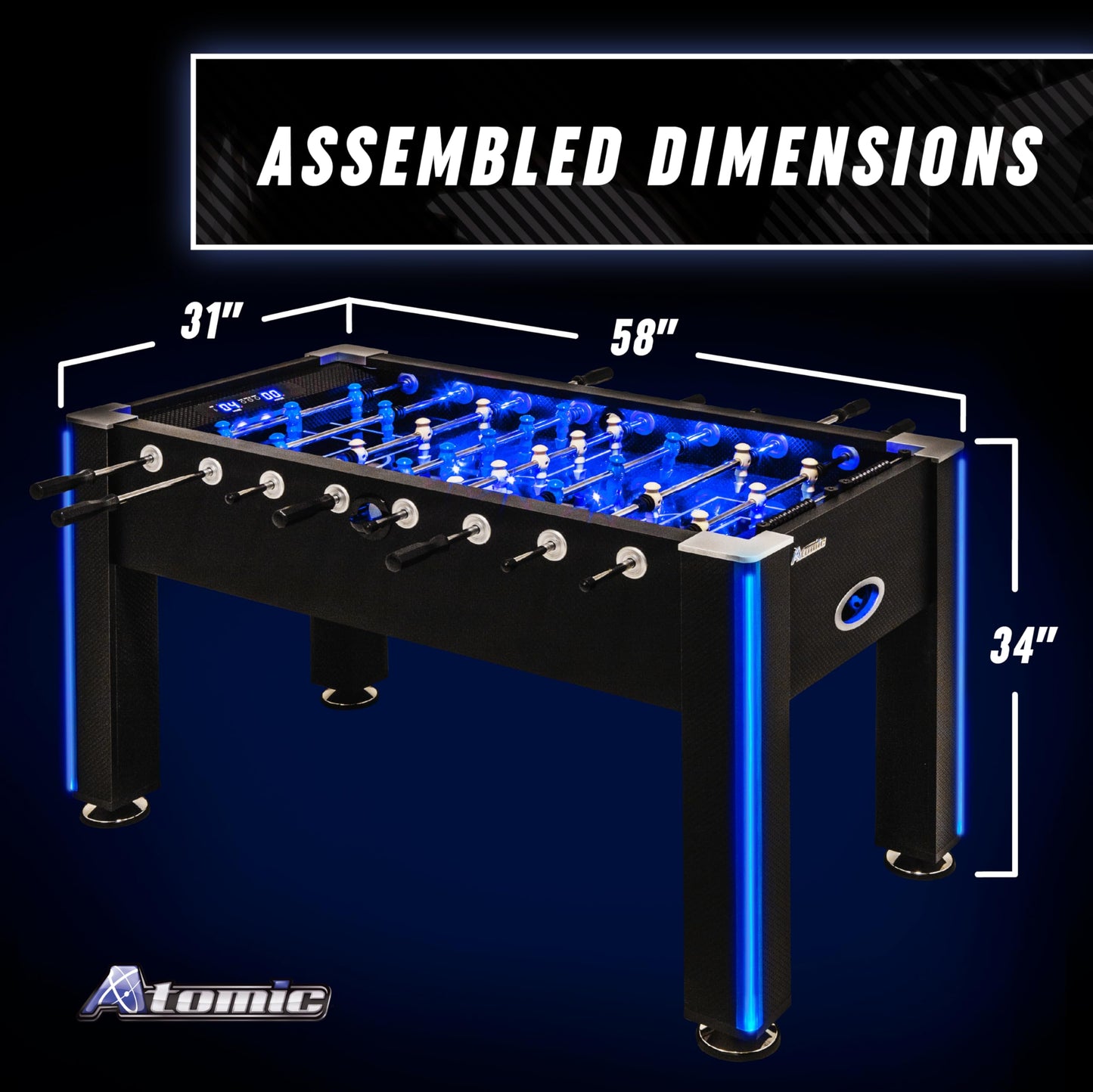 Atomic Azure LED Foosball Table – Light Up Arcade Style Table with In-Rail LED Lighting, Music, Electronic Scoring, Glow Foosball, 47” x 27” Playfield