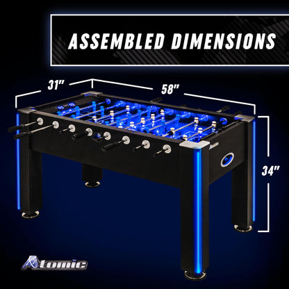 Atomic Azure LED Foosball Table – Light Up Arcade Style Table with In-Rail LED Lighting, Music, Electronic Scoring, Glow Foosball, 47” x 27” Playfield
