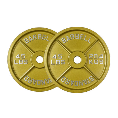 Gold Finish Olympic Steel Plates - Pairs and Sets 2 Inch Barbell Standard in Premium Gold for Weight Lifting (45lb Pair)