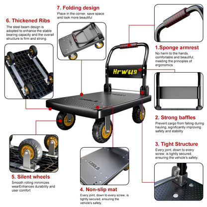 Hand Cart Dolly, Push Cart with 360 Swivel 5'' Wheels, 1200LBS Capacity, Dolly Cart with Wheels Warehouse Cart for Groceries, Garage, Warehouse - Black