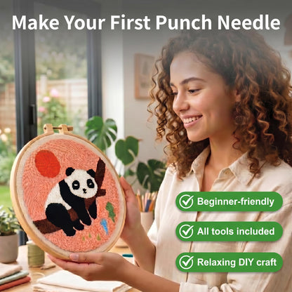 TINKAZ Panda Punch Needle Kit for Beginners, DIY Embroidery Starter Set with Yarn, Fabric & Hoop, Cute Handmade Needlepoint Craft Kit for Home Décor & Gift