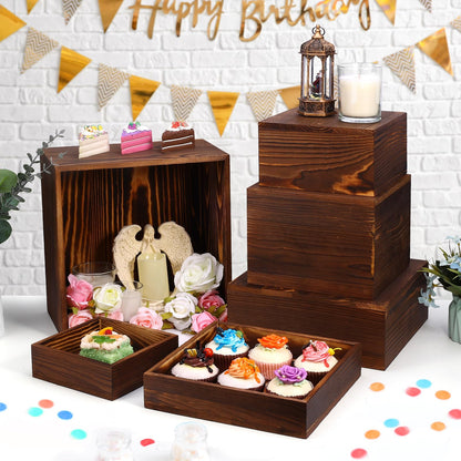 LEIFEOSH 6 Pack Wooden Risers Display Stands Rustic Wood Cake & Cupcake Stands for Party Square Food Risers for Buffet Wooden Crates for Display Home Decor