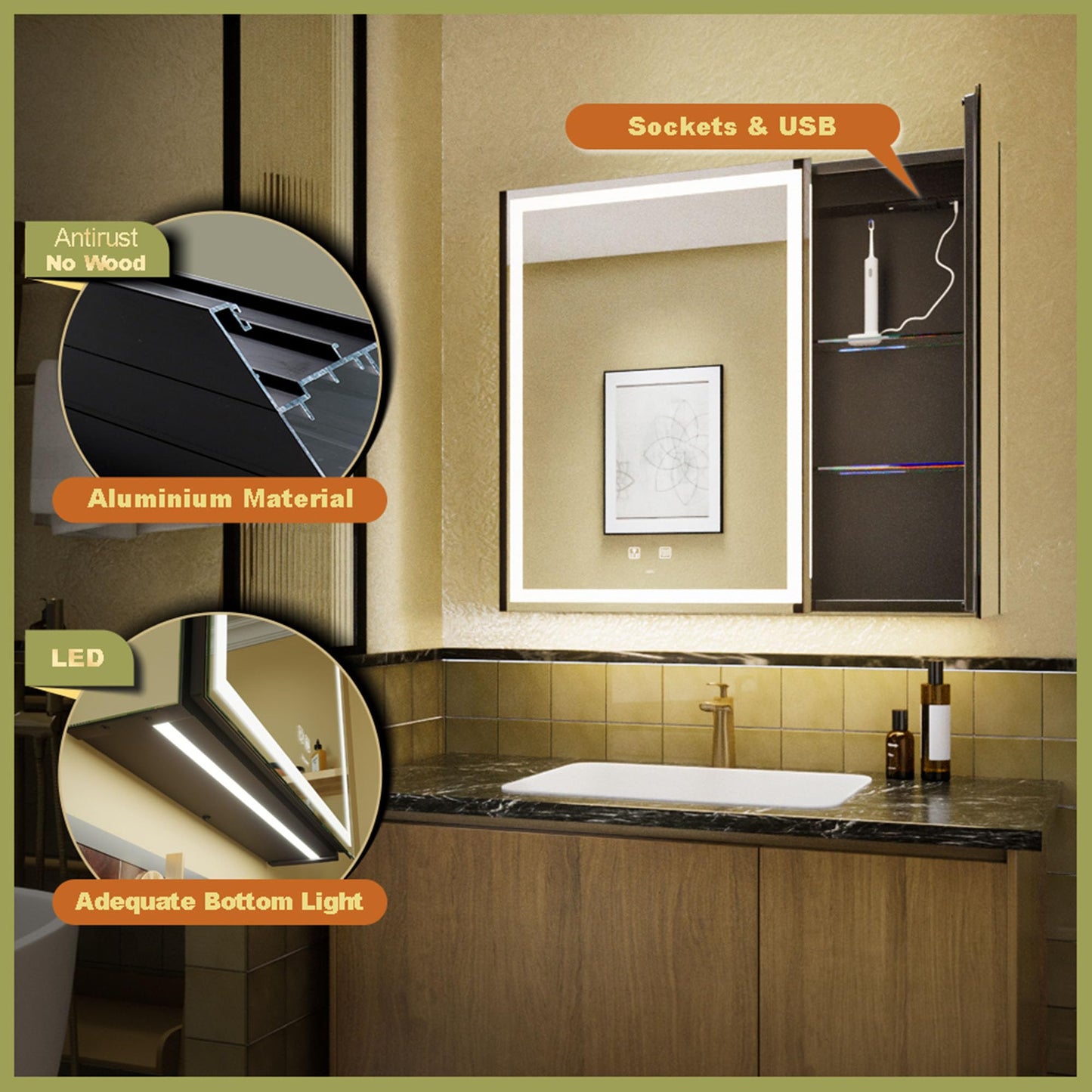 GANPE LED Lighted Bathroom Medicine Mirror Cabinet with Sockets & USBs, Anti-Fog Dimmable Light and Color Adjustment, Easy to Install Aluminum Cabinet (30 * 28 Two-Door)