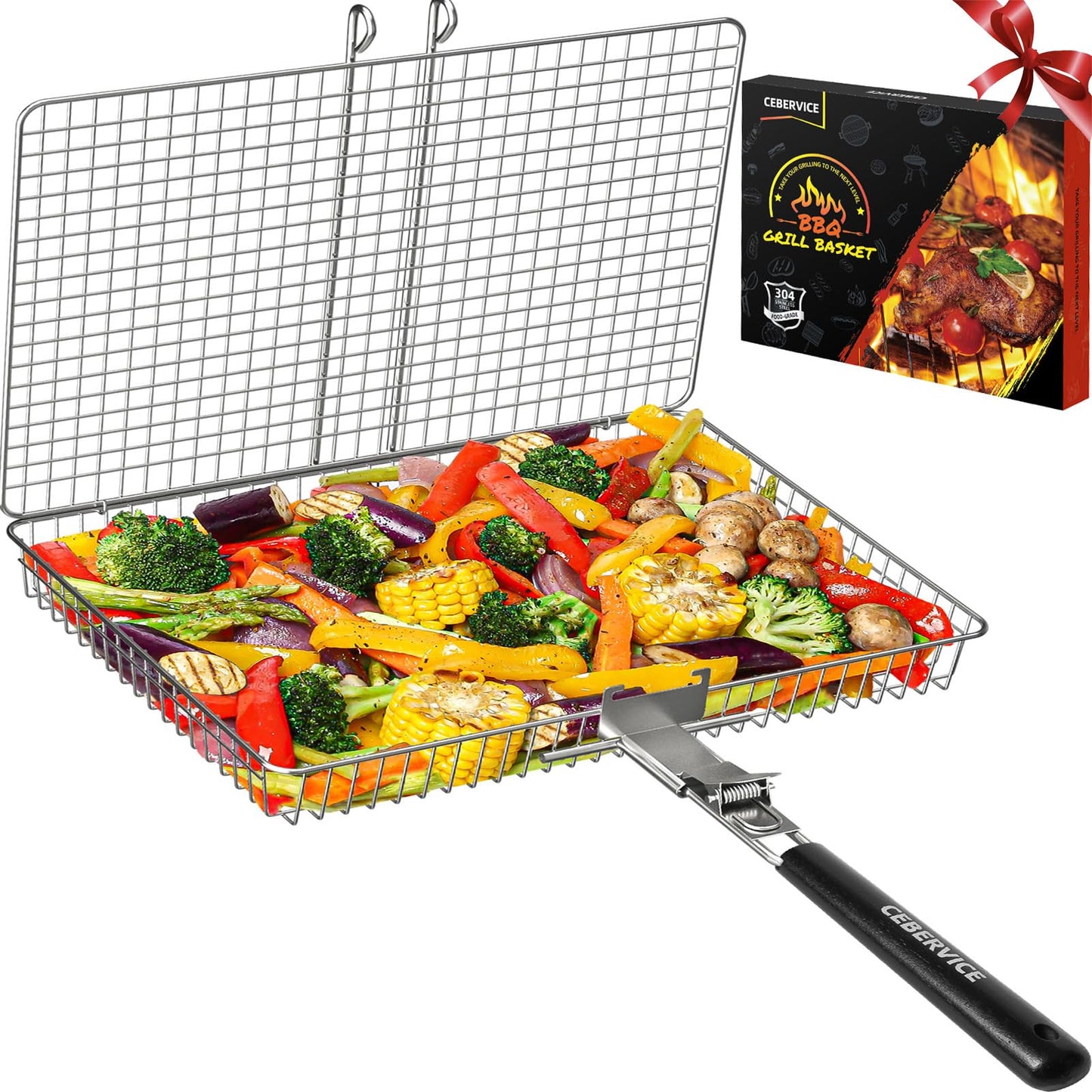 CEBERVICE Grill Basket Extra Large, SUS304 Stainless Steel, Portable Folding BBQ Camping Grilling Rack for Fish, Vegetables, Shrimp, Barbeque Griller Cooking Accessories, Grilling Gifts for Men, Dad