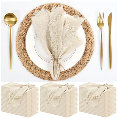 60 Pack Cotton Linen Napkins 16 x 16 Inch Linen Napkins Cloth Handmade with Fringe Soft Cloth Napkins Washable Rustic Dinner Napkins Cloth for Wedding Party Dinner Table(Natural)