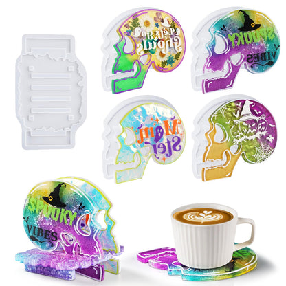 LET'S RESIN 4 Pcs Skull Coaster Resin Molds, Coaster Silicone Molds with Holder, Halloween Coaster Molds for Epoxy Resin, Skull Coasters Decoration for Festival, Ideal Gifts for Crafter and Artist