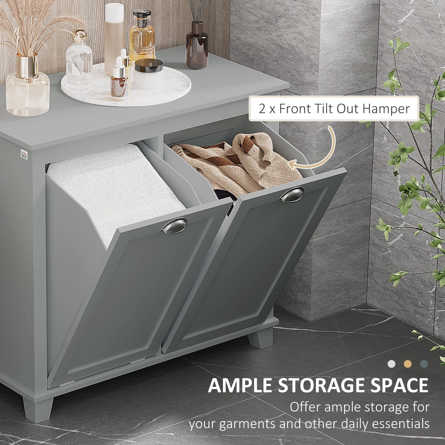 Amacv Tilt-Out Laundry Sorter Cabinet, Bathroom Storage Organizer with Two-Compartment Tilt-Out Hamper, Gray