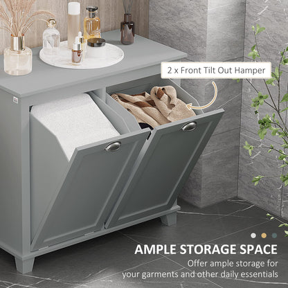 Amacv Tilt-Out Laundry Sorter Cabinet, Bathroom Storage Organizer with Two-Compartment Tilt-Out Hamper, Gray