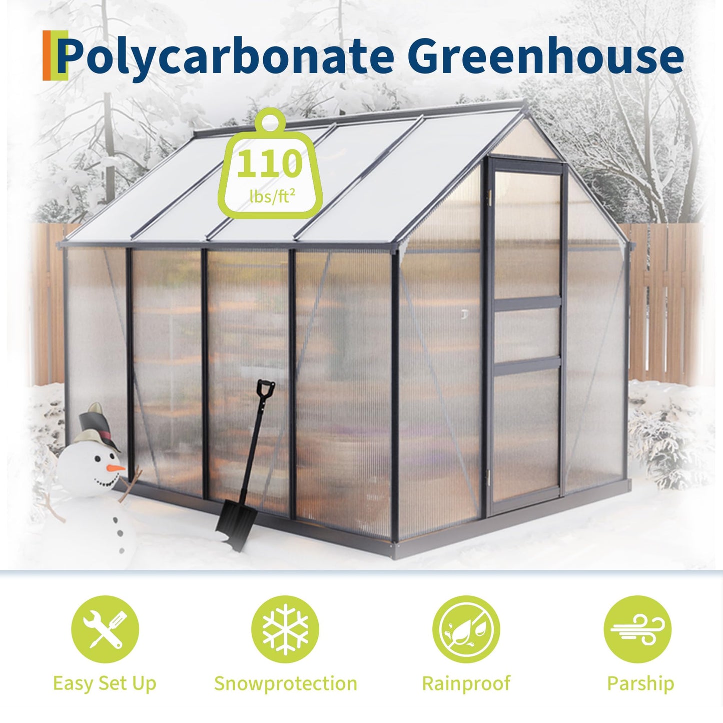Garvee 6x8 FT Outdoor Greenhouse - Quick Setup Structure, Polycarbonate with Lockable Door, 2 Roof Vents, Aluminum Walk-in Heavy Duty, Perfect for Garden Backyard