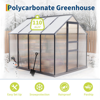Garvee 6x8 FT Outdoor Greenhouse - Quick Setup Structure, Polycarbonate with Lockable Door, 2 Roof Vents, Aluminum Walk-in Heavy Duty, Perfect for Garden Backyard
