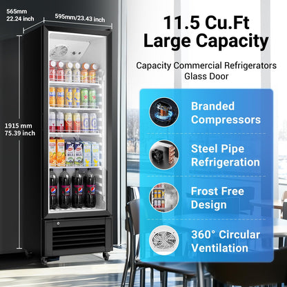 BODEGACOOLER Commercial Beverage Refrigerator and Cooler, 11.5 Cu.Ft Commercial Refrigerators Glass Door Fridge for Bar, drink, Commercial Merchandiser Refrigerator with 312 cans & 192 bottles.