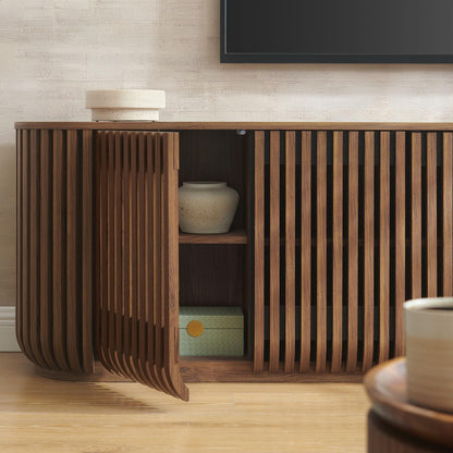 Modway Fortitude 75" Fluted Curved Sideboard Buffet with 4 Doors in Walnut – Modern Media Console TV Stand with Adjustable Shelves and Cable Management – Office Credenza Storage Cabinet