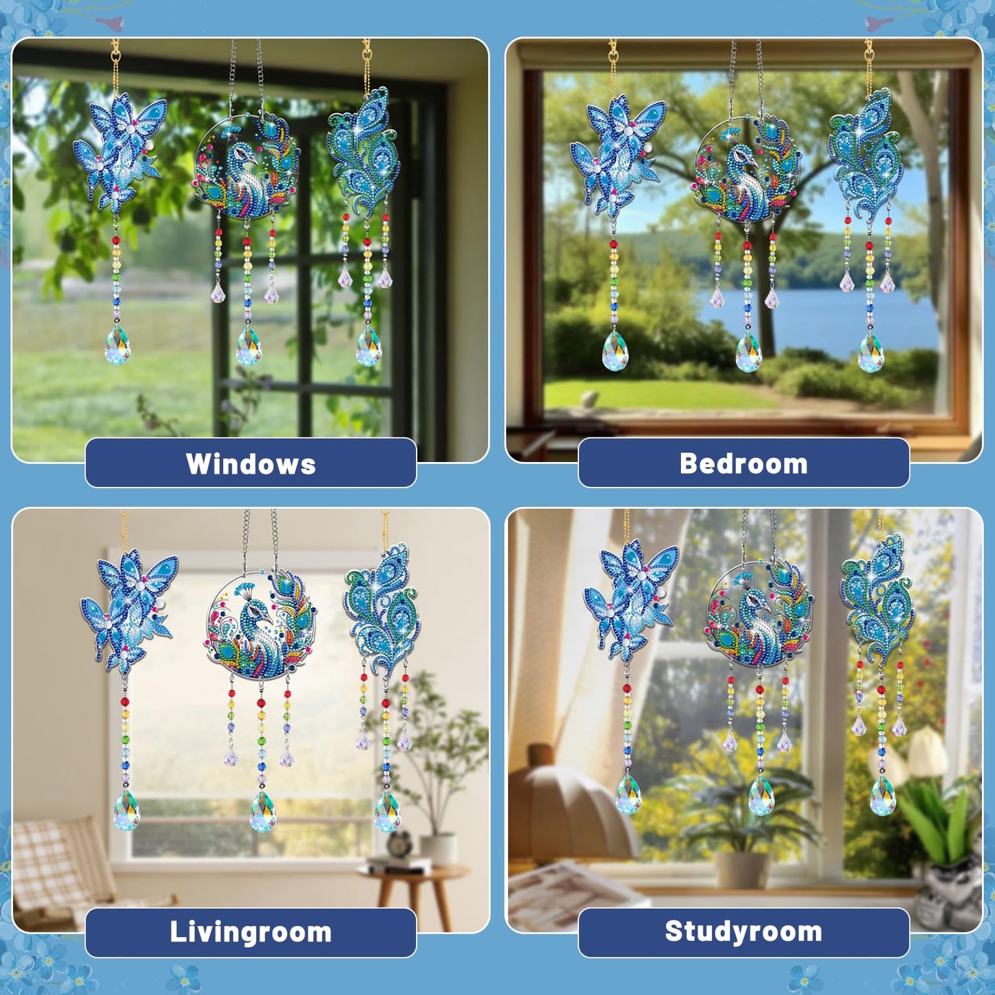Arts and Crafts for Girls Ages 6-12, DIY Diamond Painting Kits for Kids Teens Adults, Birthday Gifts for 6 7 8 9 10 11 12 Year Old Girls, Peacock Butterfly Feather Wind Chimes for Home Garden Decor